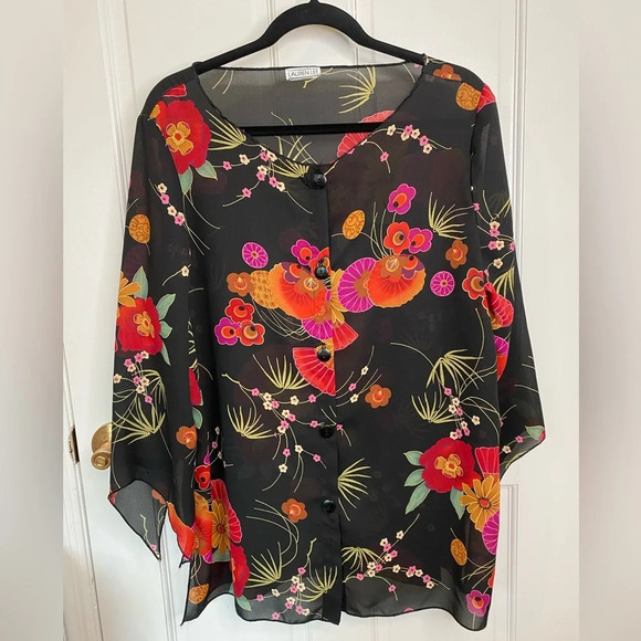 Lauren Lee Sheer Floral Kimono Style Top Blouse Button Down slit Flowy S… - Picture 1 of 12